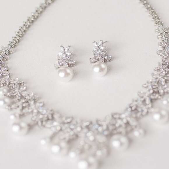 Bridal Statement Necklace & Earring Set, Cubic Zirconia and Pearl Jewelry Set - Picture 4 of 9